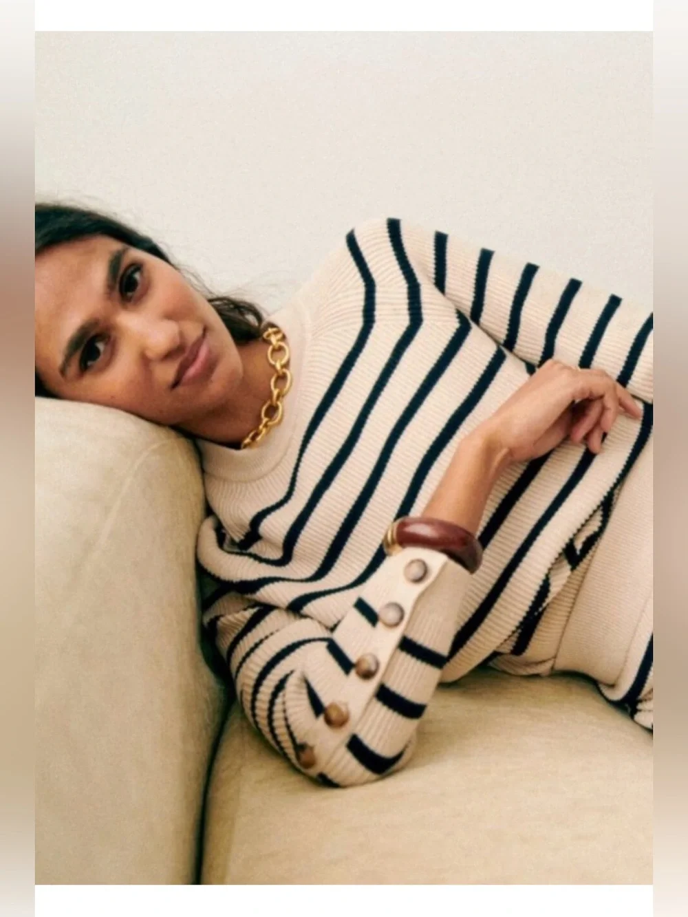 Sezane Sami Merino Wool Cotton Blend Striped Button Cuff Sweater  , Small
